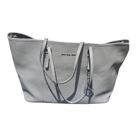 $298 Michael Kors Signature Tote Handbag Jetset Studded Women Leather Gray Rare - Picture 3 of 16